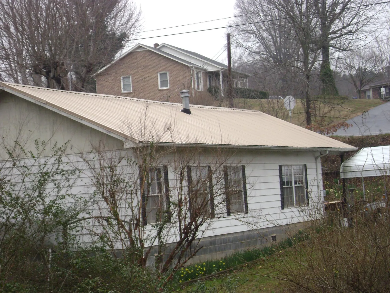 Tan metal roof on a white sided house set into a hillside — Commercial Roofing by Roofing Brothers in Buffalo